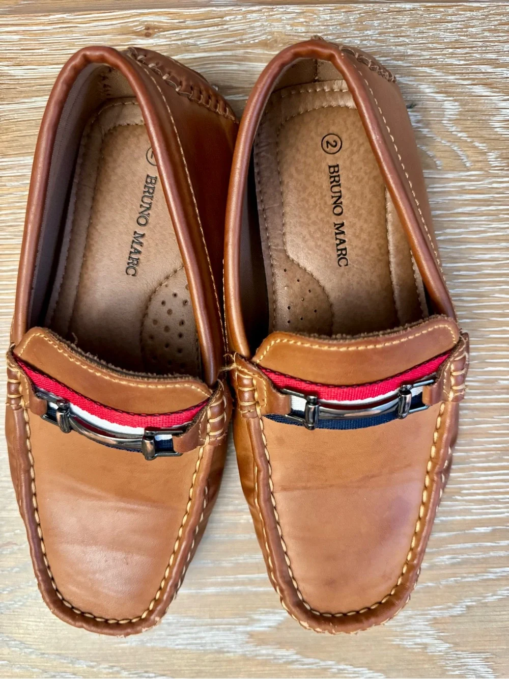 Bruno Marc Boys' Tan Leather Dress Loafers with Red & Navy Accent